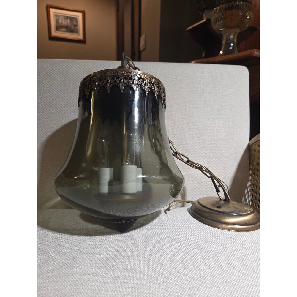 70's Swag Pendant Smoked Glass Bell 7in Brass